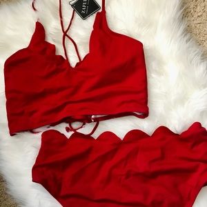 Cherry Red Two Piece High Waisted Scalloped Bikini